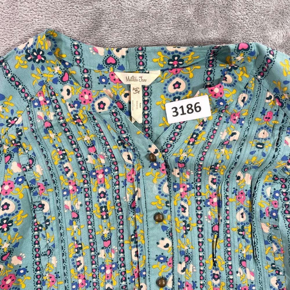 Matilda Jane Tunic Women Medium Teal Floral Heart Pintuck Rayon 22504T